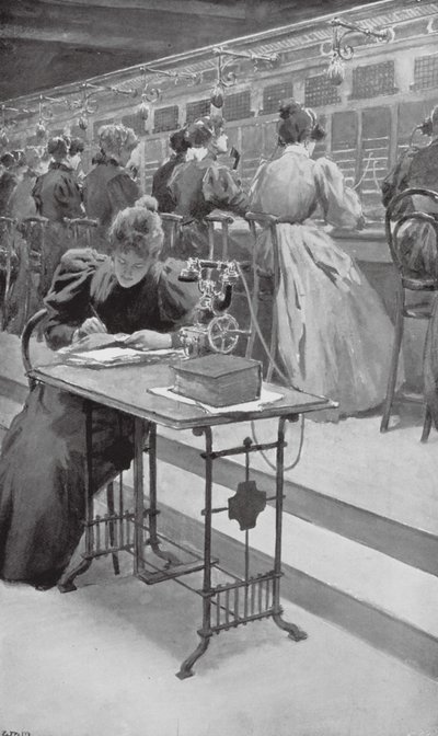 Töissä puhelinkeskuksessa (litografia) tekijältä William Henry (after) Margetson