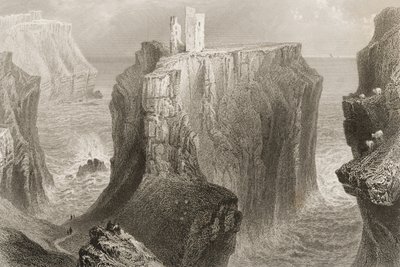 Dunseverick Castle, Antrimin kreivikunta, Pohjois-Irlanti, George Virtuen "Scenery and Antiquities of Ireland", 1860-luku tekijältä William Henry Bartlett