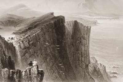 Fairhead, Antrimin kreivikunta, Pohjois-Irlanti, George Virtuen "Scenery and Antiquities of Ireland", 1860-luku tekijältä William Henry Bartlett
