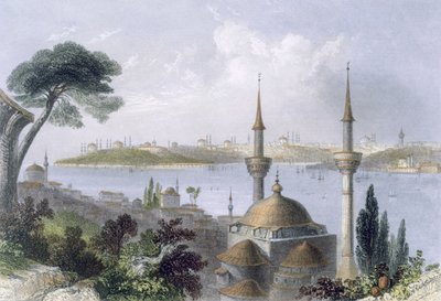 Yleiskuva Konstantinopolista Scutarista, n. 1850 (värillinen akvatinta) tekijältä William Henry Bartlett