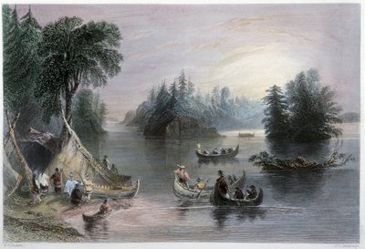 Intialaiset tipit ja kanootit, St Laurentin pankit - "" Kanadan maisemassa kuvittamassa" W.H. Bartlett, Lontoo tekijältä William Henry Bartlett