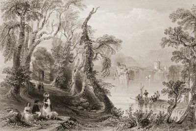 Innisfallen, Killarney Lake, Killarneyn kreivikunta, George Virtuen teoksesta "Scenery and Antiquities of Ireland", 1860-luku tekijältä William Henry Bartlett