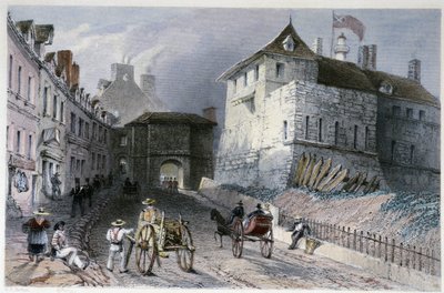 La porte "" Priscott Gate"" Quebec Cityssä, Kanadassa - "" Canadian Scenery kuvittamassa" William Henry Bartlett, toim. George Virtue tekijältä William Henry Bartlett