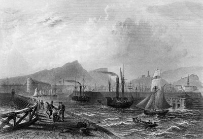 Leith Pier and Harbour, kaiverrus Robert Wallis, n. 1820 tekijältä William Henry Bartlett