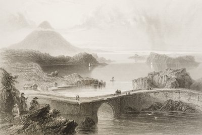 Pontoonisilta Lough Connissa, Mayon kreivikunnassa, Irlannissa, George Virtuen "Scenery and Antiquities of Ireland", 1860-luku tekijältä William Henry Bartlett