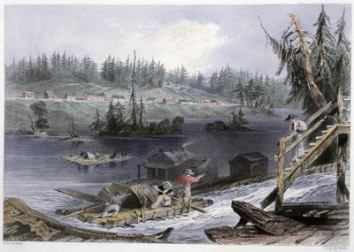 Transport du bois à "" les Chats"" - Bartlett W. H.:n "" Kanadan maisemassa kuvitettuna"" tekijältä William Henry Bartlett
