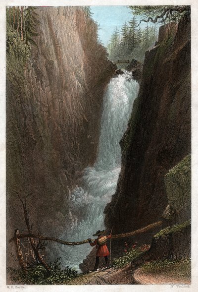 Aarin vesiputoukset Aar Gotthardin vuoristossa, Sveitsin Alpeilla. noin 1850 (kaiverrus) tekijältä William Henry Bartlett