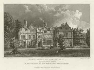Spains Hallin länsijulkisivu, Finchingfield, Essex, John Ruggles Bricen, Esquire-herran, kotipaikka. tekijältä William Henry Bartlett