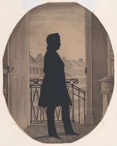 Nuoren miehen siluetti avoimen ikkunan edessä, oikealle päin, ennen vuotta 1860. tekijältä William Henry Brown