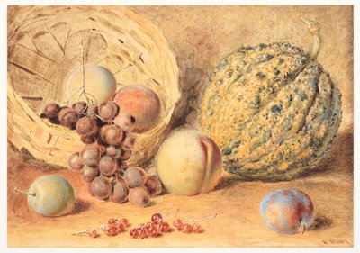 Kori melonia, persikoita, viinirypäleitä ja luumuja, n. 1804 (grafiitti, vesiväri, johon on lisätty arabikumia, vartaloväri ja raapiminen kudottupaperille) tekijältä William Henry Hunt