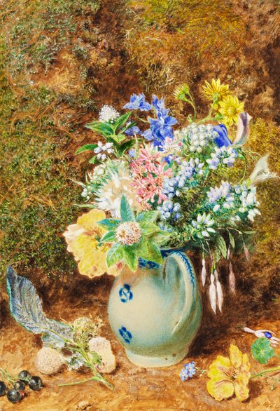 Vaaleansininen kiinalainen kannu, jossa on nummeja ja pieniä kukkia, n. 1860 tekijältä William Henry Hunt