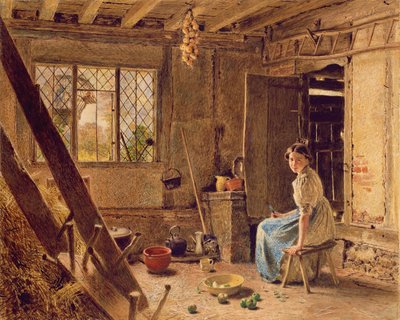 The Maid and the Harpie, A Cottage Interior at Shillington, Bedfordshire, 1834 (wc korostettu valkoisella paperilla). tekijältä William Henry Hunt