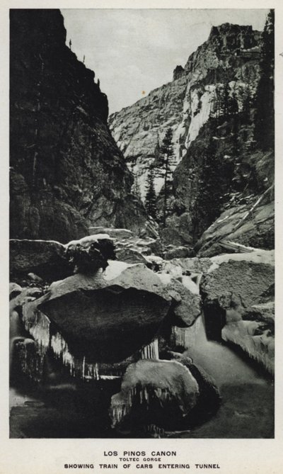 Coloradon kanjonit: Los Pinos Canon, Toltec Gorge, Näytetään tunneliin saapuvien autojen juna (m/w kuva) tekijältä William Henry Jackson