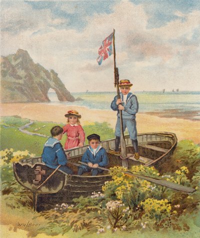 Lapset leikkivät veneellä rannalla (chromolitho) tekijältä William Henry James (after) Boot