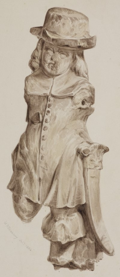 Kaiverrettu tammihahmo, aikoinaan Boars Head Tavernin paikalle rakennetun talon ovessa, Eastcheap, 1834 (pesu paperille) tekijältä William Henry Kearney