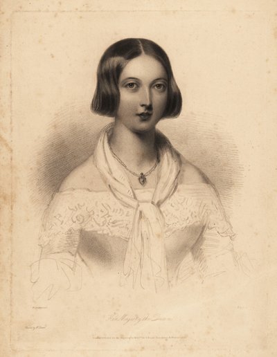 Nuori kuningatar Victoria, 20-luvun alussa. Teräspistekaiverrus William Henry Mote William Drummondin kuvituksen jälkeen Charles Heathin teoksesta English Pearls tai muotokuvat budoaarille, Tilt and Boguelle, Lontoo tekijältä William Henry Mote