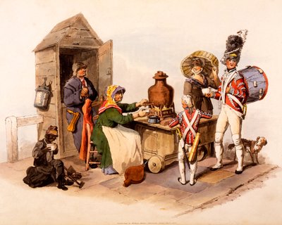 Sallop-myyjä, joka tarjoilee lämmitettyjä kuumia juomia, teoksesta The Costumes of Great Britain, 1808 tekijältä William Henry Pyne