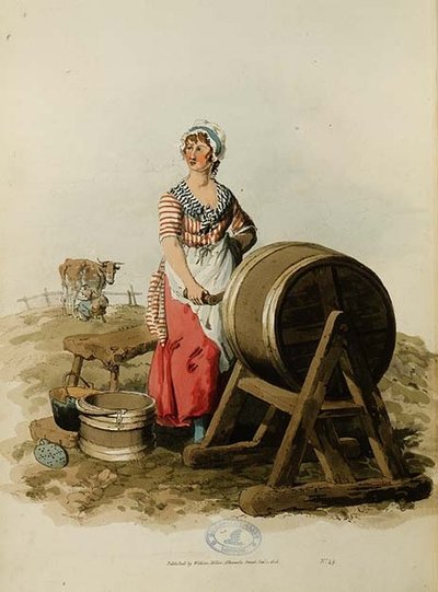 Churning Butter from "Costume of Great Britain" (tulostus) tekijältä William Henry Pyne
