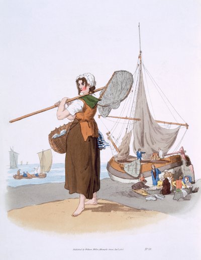 Female Shrimper, julkaisusta Costume of Great Britain, julkaisija William Miller, 1805 tekijältä William Henry Pyne