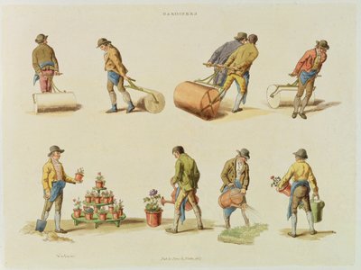 Gardeners, vol.2, levy 97, Microcosm, painatus J. Hill, 1808 (käsinvärinen akvatinta) tekijältä William Henry Pyne