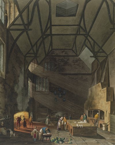 Interior of the Kitchen, Trinity College, Cambridge, The History of Cambridge, kaiverrettu Joseph Constantine Stadler (fl.1780-1812), pub. R. Ackermann, 1815 (väriakvatinta) tekijältä William Henry Pyne