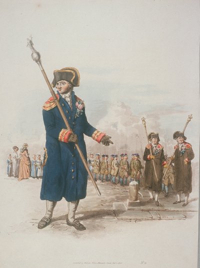 Parish Beadle kansalaisasussa sauva kädessään, 1805 tekijältä William Henry Pyne