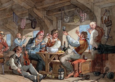 Merimiehiä juomassa laivansa alakannella, kohtaus, jossa viulunsoittaja ja piipunpolttaja, köyden varassa makaava pellava ja laivavarusteita (miekka, ase, tykki, lamppu). tekijältä William Henry Pyne