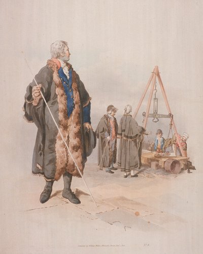 Ward Beadle kansalaisasussa, kädessään sauva Wardmote Inquestissa, 1805 tekijältä William Henry Pyne