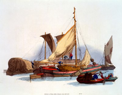 Waterman and Bargemen kuljettamassa tavaroita ja matkustajia, 1808 tekijältä William Henry Pyne