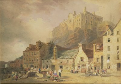 Edinburghin linna Grass Marketista, jossa näkyy Little West Port, n. 1820 (wc ja seepia) tekijältä William Henry Stothard