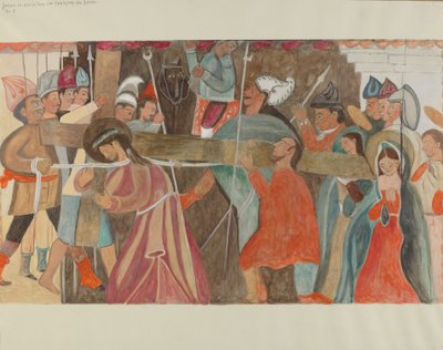 Ristin asema nro 5: Jeesusta autetaan kantamaan ristiään, n. 1936. tekijältä William Herbert