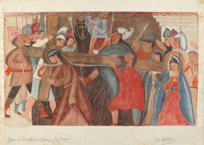 Ristin asema nro 5: Jeesusta autetaan kantamaan ristiään, n. 1936. tekijältä William Herbert
