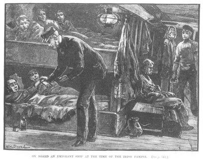 Siirtolaislaivalla Irlannin nälänhädän aikaan (kaiverrus) (s/w valokuva) (englanninkielinen kuva) tekijältä William Heysham (after) Overend