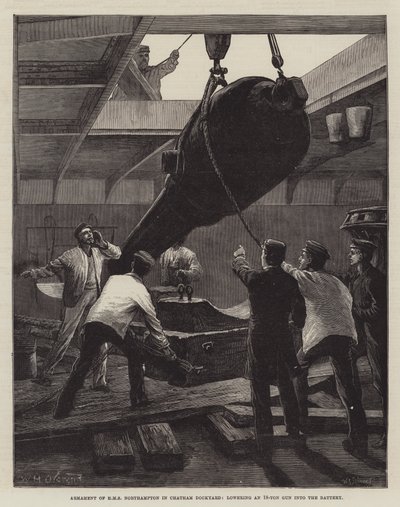HMS Northamptonin aseistus Chathamin telakalla, 18 tonnin aseen laskeminen akkuun tekijältä William Heysham Overend