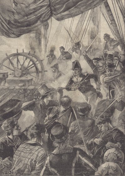 Laivaannousu (litho) tekijältä William Heysham Overend