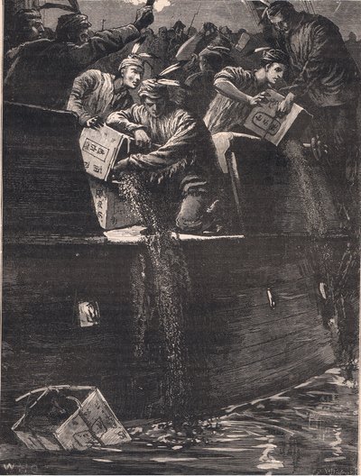 Intiaanilaisiksi naamioituneet Bostonin pojat heittivät teearkkuja satamaan 1773 jKr tekijältä William Heysham Overend