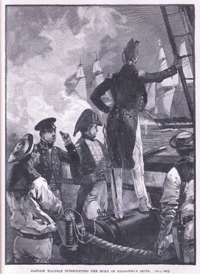 Kapteeni Walpole sieppaamassa Duke of Saldanhan laivoja tekijältä William Heysham Overend