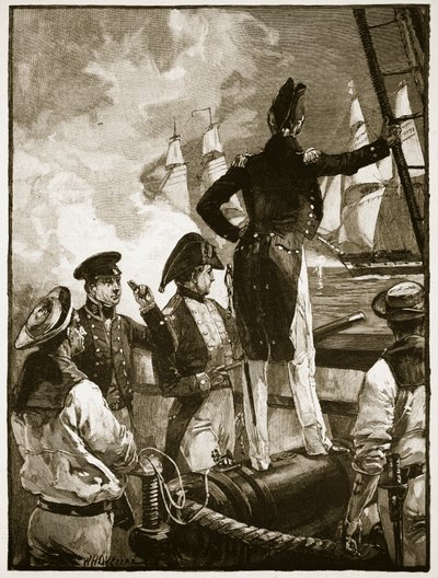 Kapteeni Walpole sieppaamassa Duke of Saldanhan laivoja, kuvitus 