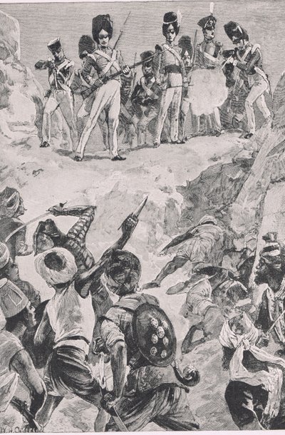 Carmichaelin seuraajat ampuivat salamaniskun tiheään miesjoukkoon: Bharatpurin taistelu 1826, kuvitus teoksesta British Battles on Land and Sea , 1915. tekijältä William Heysham Overend