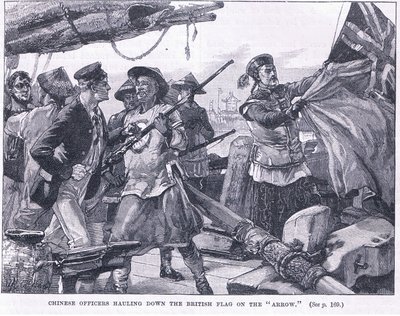Kiinan upseerit nostamassa Britannian lippua "nuolella" 1856 jKr tekijältä William Heysham Overend