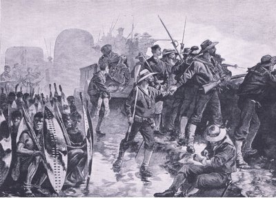 Laagerin puolustaminen zulun hyökkäystä vastaan, kuvitus brittiläisistä taisteluista maalla ja merellä, 1915 tekijältä William Heysham Overend