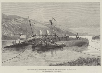 HMS Howen sijainti Ferrolissa ensimmäisen nostoyrityksen jälkeen. tekijältä William Heysham Overend