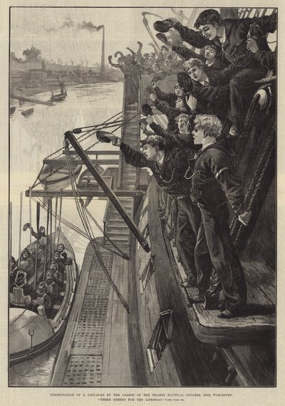 Pelastusveneen esittely Thames Nautical Collegen laivan kadettien toimesta, Worcester, Three Cheers for the Life-Boat! tekijältä William Heysham Overend