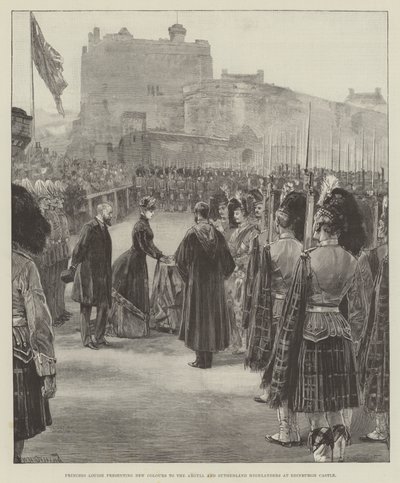 Prinsessa Louise luovuttaa uudet sotilasvärit Argyll and Sutherland Highlandersille Edinburghin linnassa. tekijältä William Heysham Overend