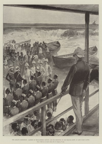 Ashanti-retkikunta, kontra-amiraali Rawsonin maihinnousu ja hänen Sir Francis Scottin vastaanotto Cape Coastin linnassa tekijältä William Heysham Overend