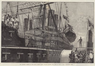 Siirtomaavieraat Royal Albert Docksissa, malesialaiset miehittävät P- ja O-höyrylaivojen Rooman telakat tekijältä William Heysham Overend