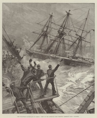 Samoan katastrofaalinen hurrikaani, amerikkalaisen Trenton-aluksen miehistö hurraa-huutona HMS Calliope -alukselle. tekijältä William Heysham Overend