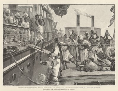 Emin Pashan avustusretkikunta Banana Pointissa 18. maaliskuuta 1887, höyrylaiva Madura siirsi matkustajia Kongo-joen höyryveneeseen tekijältä William Heysham Overend