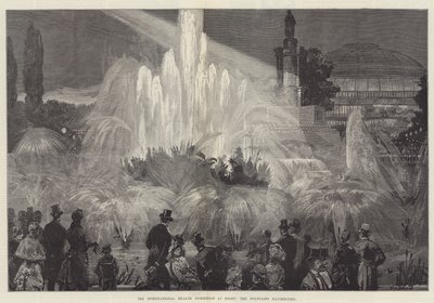 Kansainvälinen terveysnäyttely yöllä, suihkulähteet valaistuina tekijältä William Heysham Overend