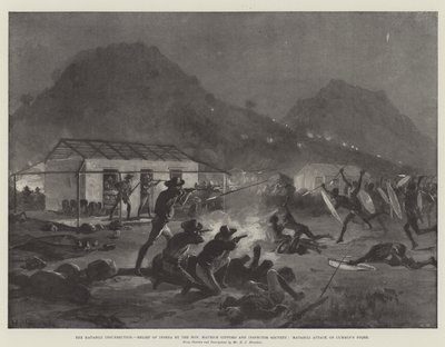 Matabilien kapina, kunniallinen Maurice Gifford ja komisario Southey pelastavat Insezan, Matabilien hyökkäys Cumminin kauppaa vastaan. tekijältä William Heysham Overend